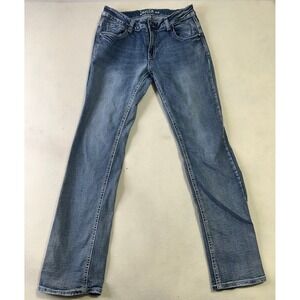 Jania EZ Womens Blue Straight Leg Jeans‎ Medium Wash Contrast Stitch Denim